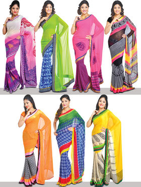 Rainbow Collection Of 7 Designer Printed Sarees (7G18)